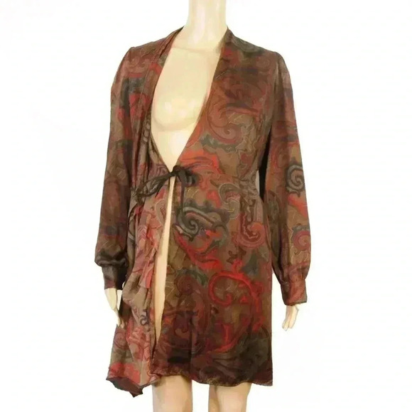 Vintage 90s Amanda Christine Red Brown Paisley Wrap Long Sleeve Boho Dress - Picture 2 of 4